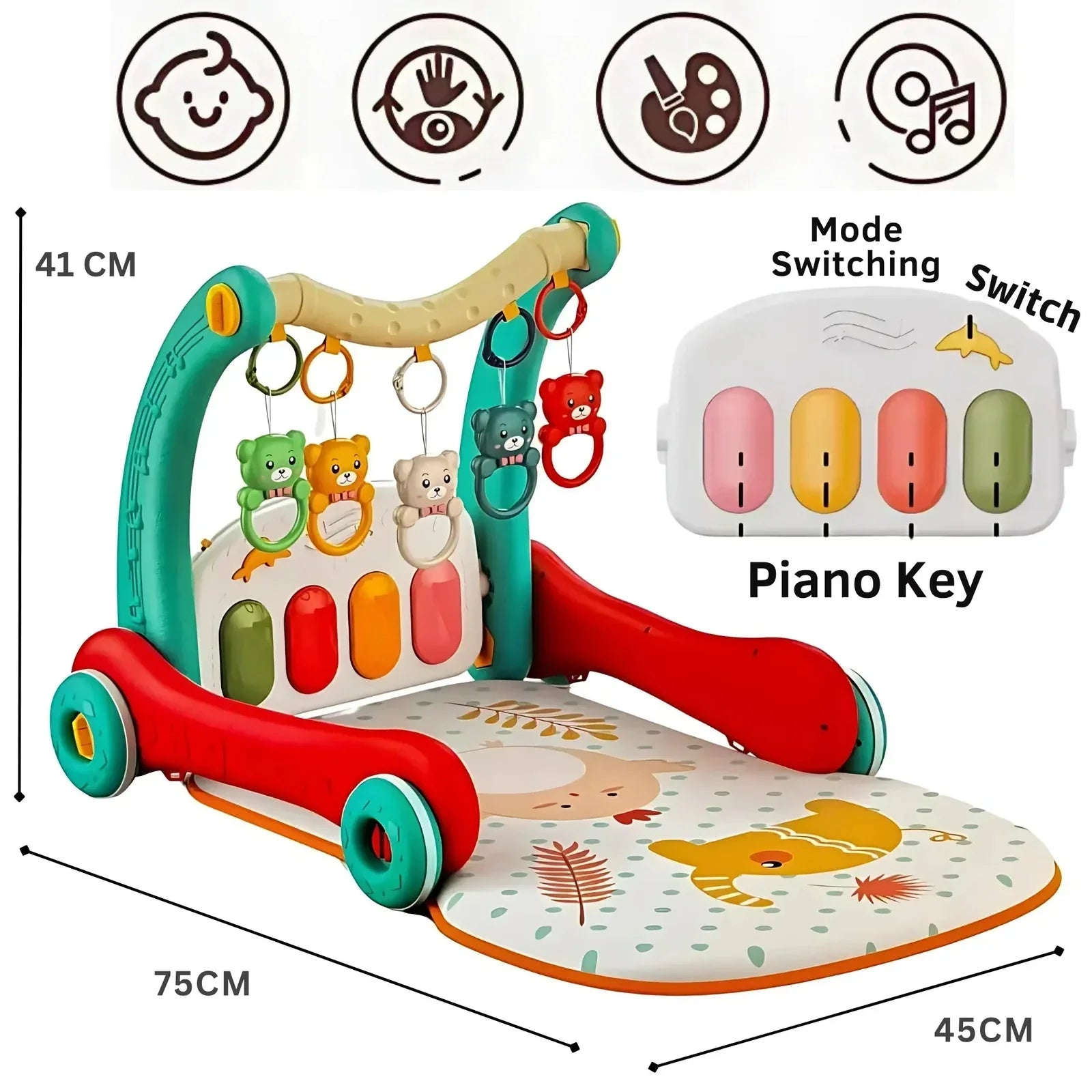 2-in-1 Sit-to-Stand Baby Walker & Play Gym | Musical Pedal Piano, Activity Toys, Play Mat & Learning Fun for Toddlers - 4A's Global