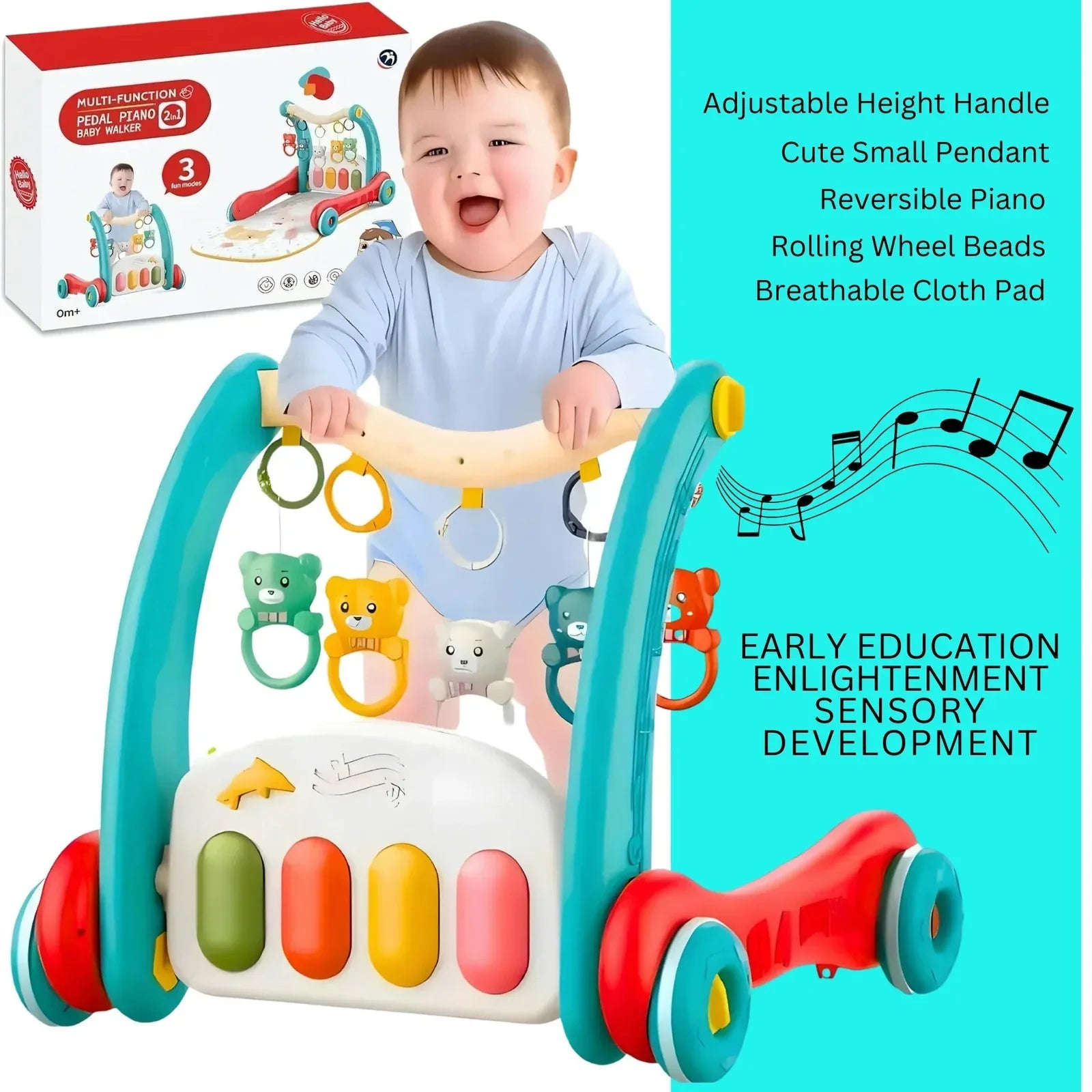 2-in-1 Sit-to-Stand Baby Walker & Play Gym | Musical Pedal Piano, Activity Toys, Play Mat & Learning Fun for Toddlers - 4A's Global