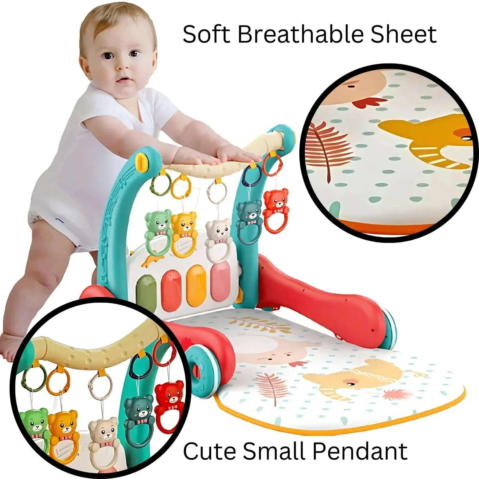 2-in-1 Sit-to-Stand Baby Walker & Play Gym | Musical Pedal Piano, Activity Toys, Play Mat & Learning Fun for Toddlers - 4A's Global