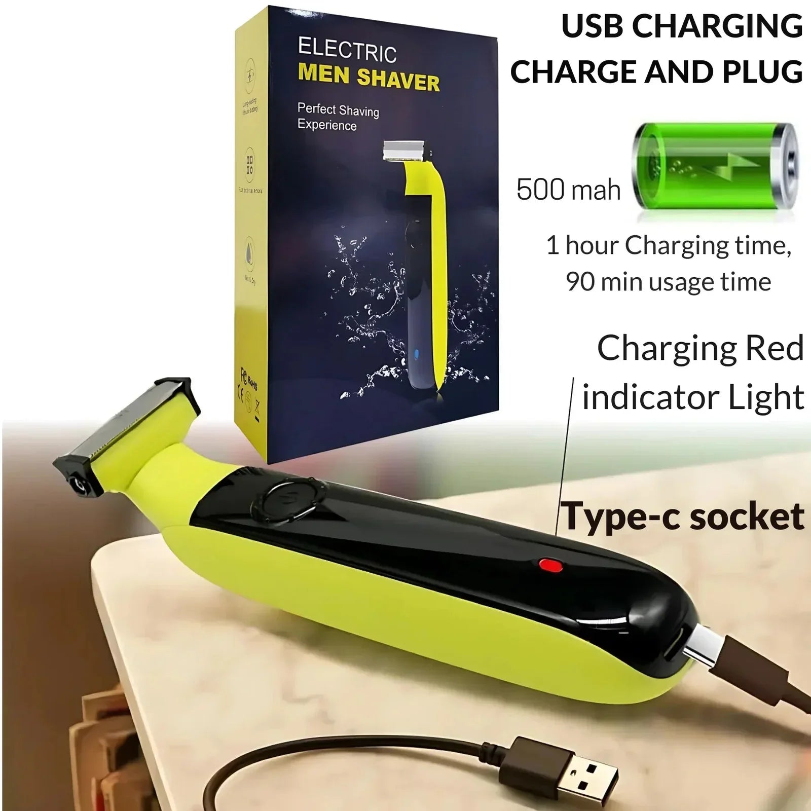 Men’s Wet & Dry Electric Shaver with USB Type-C Fast Charging – Full Body Grooming Kit - USB Rechargeable Beard Trimmer & Hair Removal Machine - 4A's Global