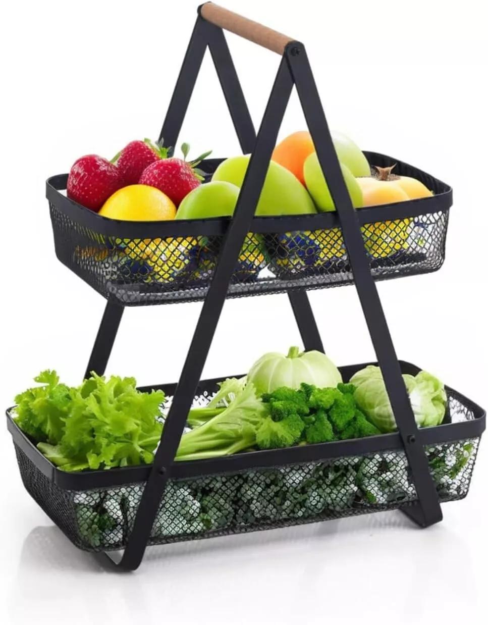 2-Tier Countertop Fruit Basket Fruit Bowl  Vegetable Holder for Kitchen Storage, Bread Storage Basket – Black