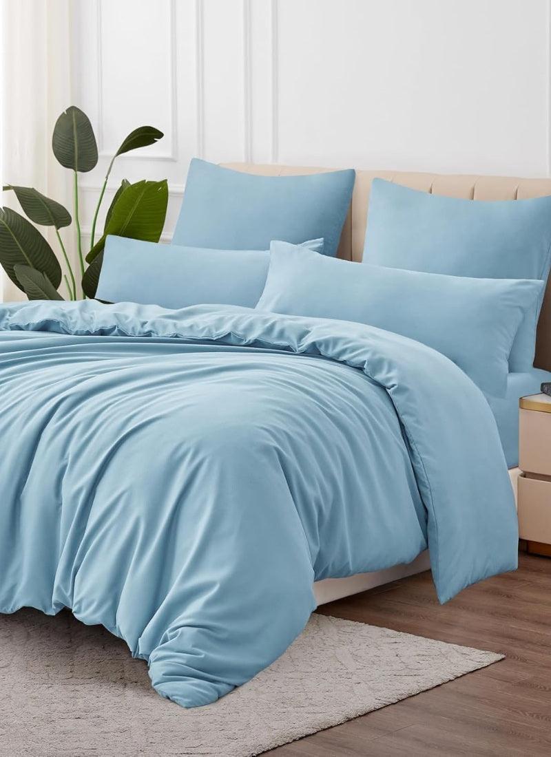 Double Duvet Cover - Plain Dyed Percale Duvet Quilt Cover Navy Solid Soft Double Bedding Duvet Cover Set with 2 Matching Pillowcases -Baby Blue - 4A's Global