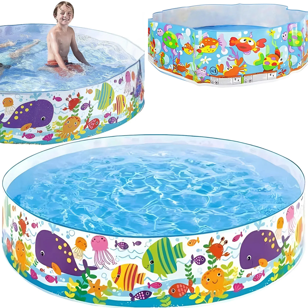 INTEX  Inflatable Swimming Pool - Under The Palm Trees Round Snap Set Pool - Multi-Color Beach Theme Design, Bathtub Repair Patch Included - 4A's Global