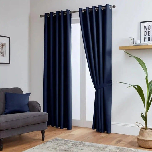 Navy Blue Thermal Blackout Eyelet Curtains – Ready Made Insulated Privacy &amp; Noise Reducing Drapes - 4A's Global