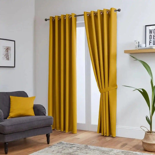 Ochre Yellow Thermal Blackout Eyelet Curtains – Ready Made Insulated Privacy &amp; Noise Reducing Drapes - 4A's Global