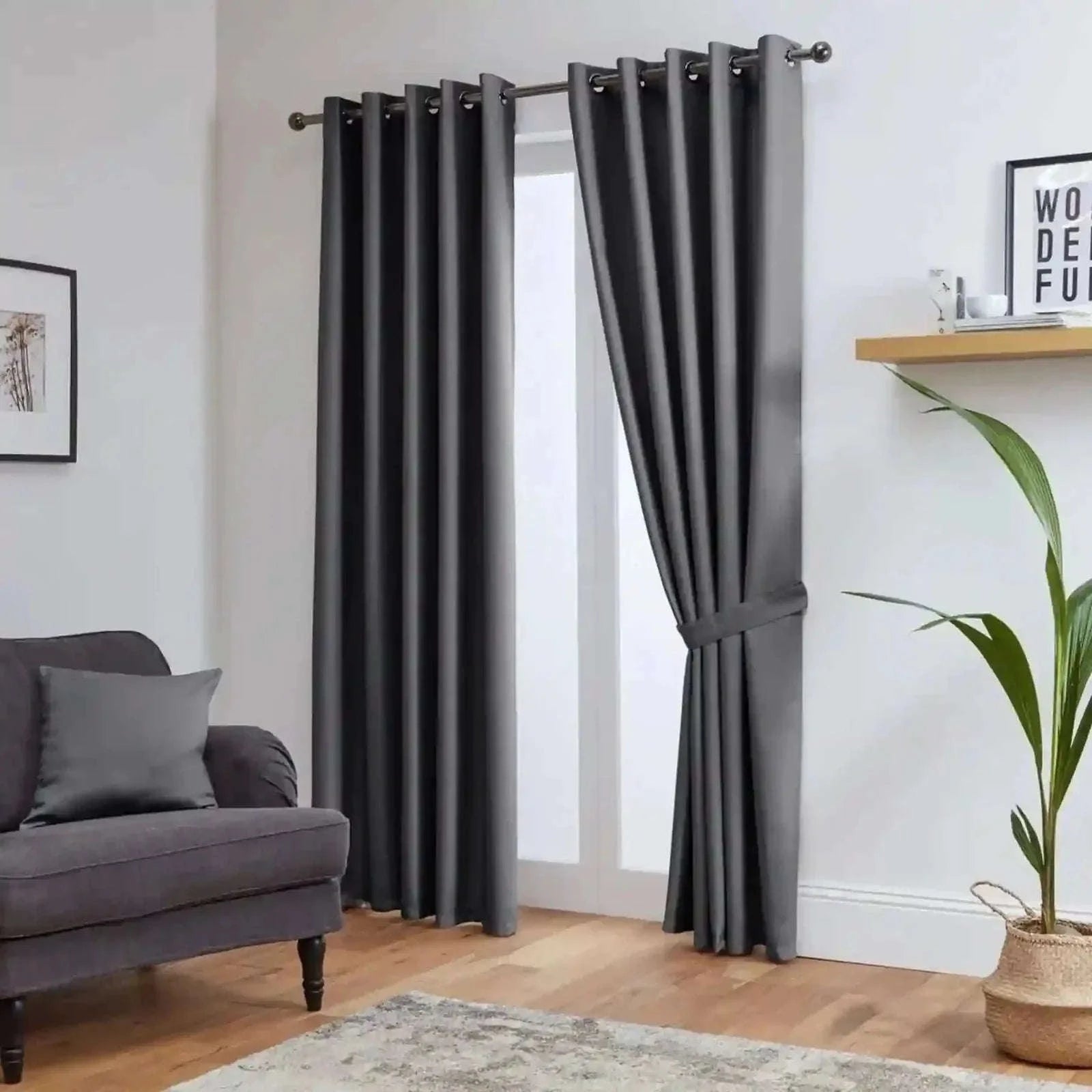 Charcoal Thermal Blackout Eyelet Curtains – Ready Made Insulated Privacy &amp; Noise Reducing Drapes - 4A's Global