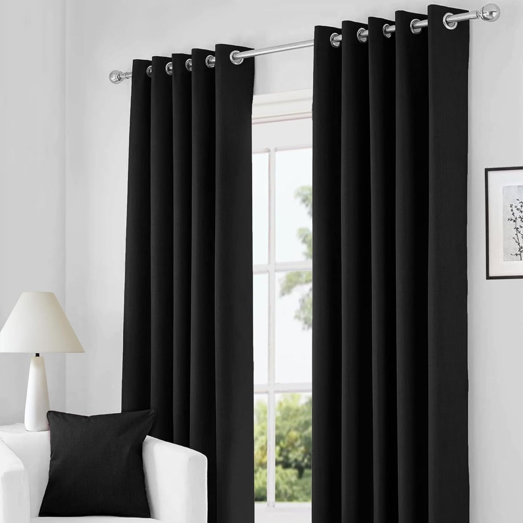 Black Thermal Blackout Eyelet Curtains – Ready Made Insulated Privacy &amp; Noise Reducing Drapes - 4A's Global