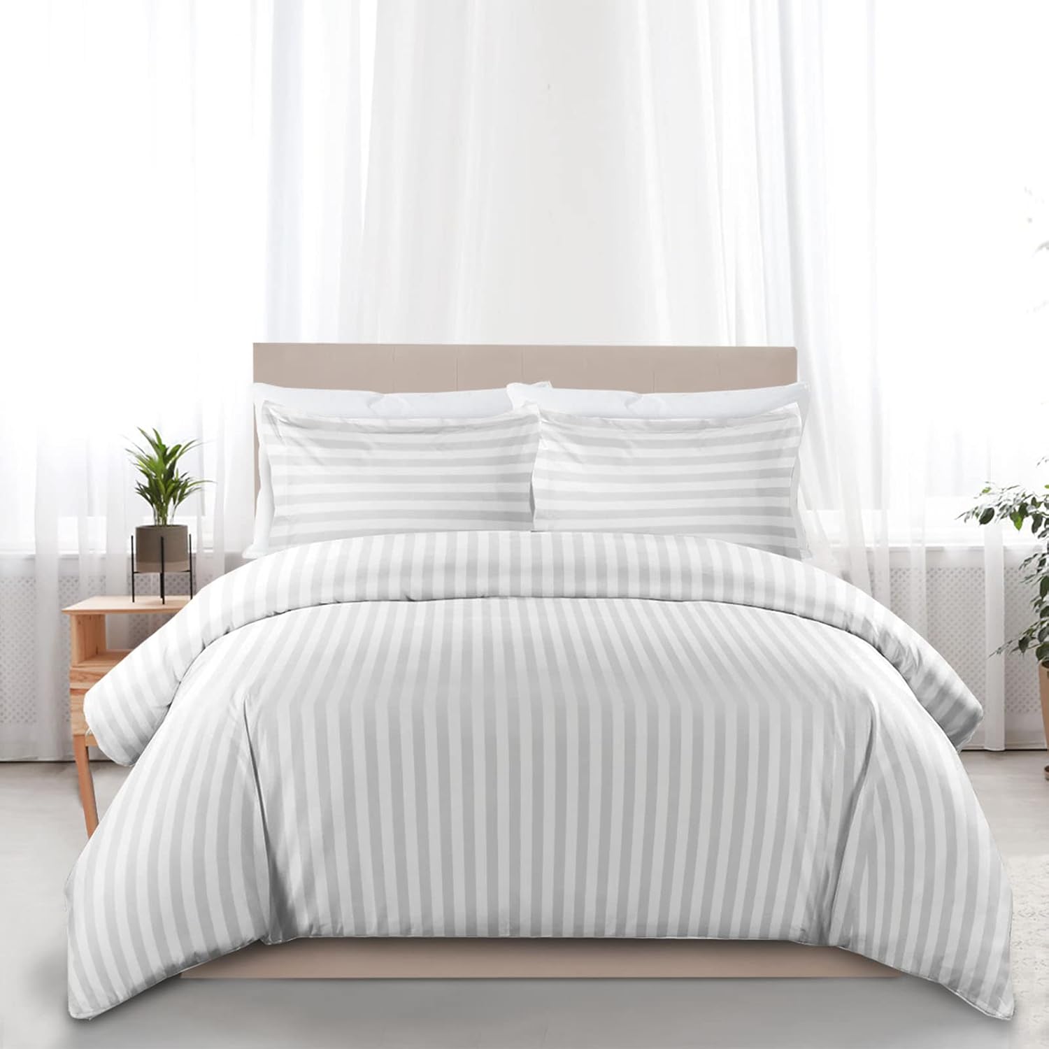 Luxury Microfiber Satin Stripes Duvet Cover Set with Pillowcases – 5 Star Hotel Quality Bedding - 4A's Global