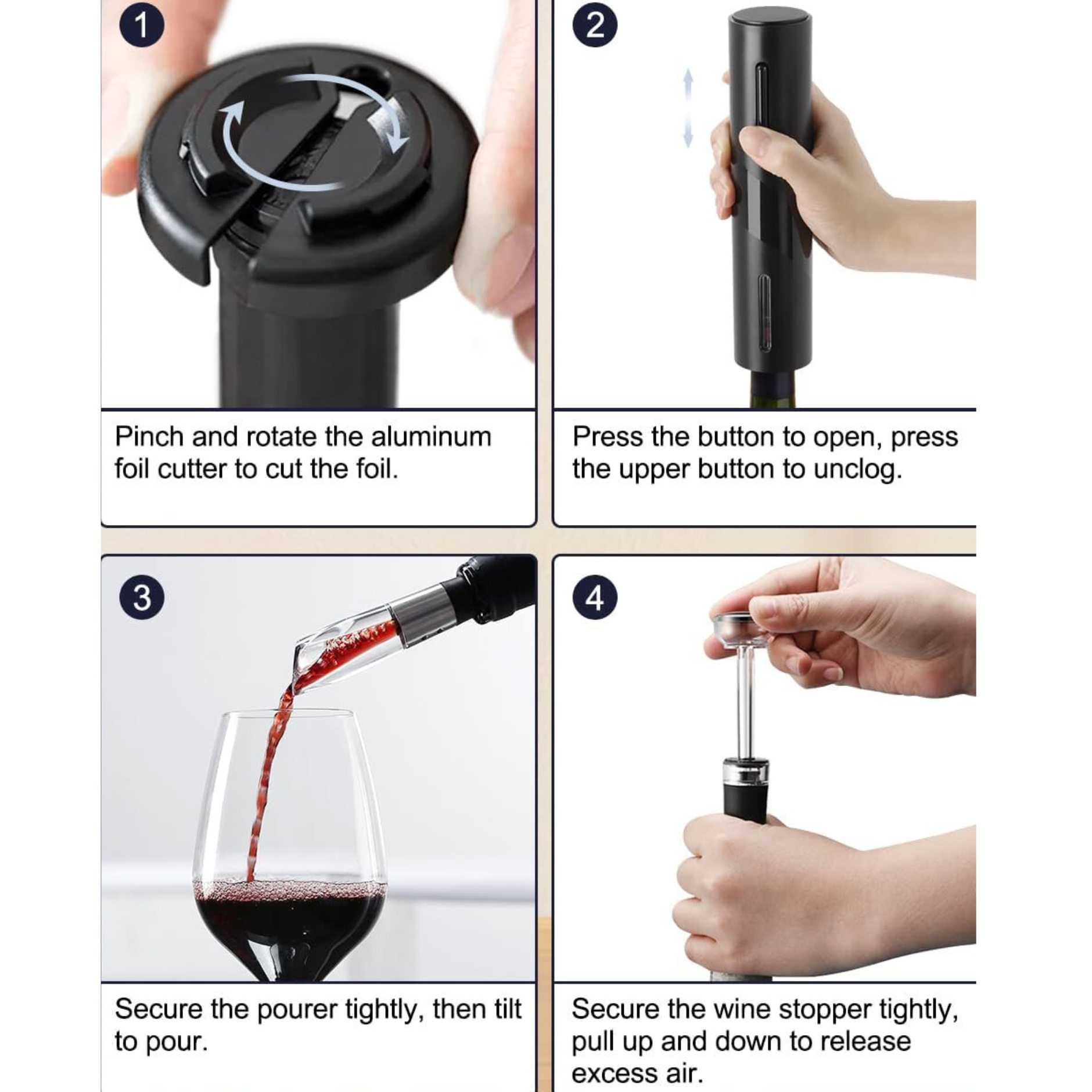 Automatic Electric Wine Bottle Opener Gift Set – Rechargeable, with Foil Cutter, Wine Pourer &amp; Vacuum Stoppers - 4A's Global