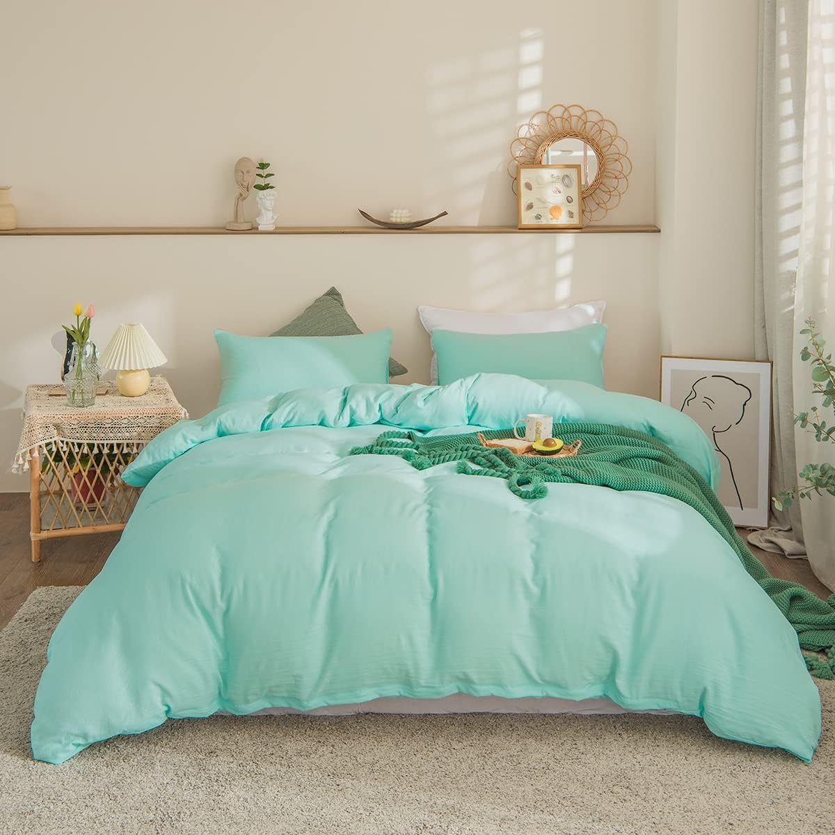Double Duvet Cover - Plain Dyed Percale Duvet Quilt Cover Premium King-Size Duvet Cover Set – Navy Percale, 3-Piece Duvet Cover Set with 2 Matching Pillowcases - Sea Green - 4A's Global
