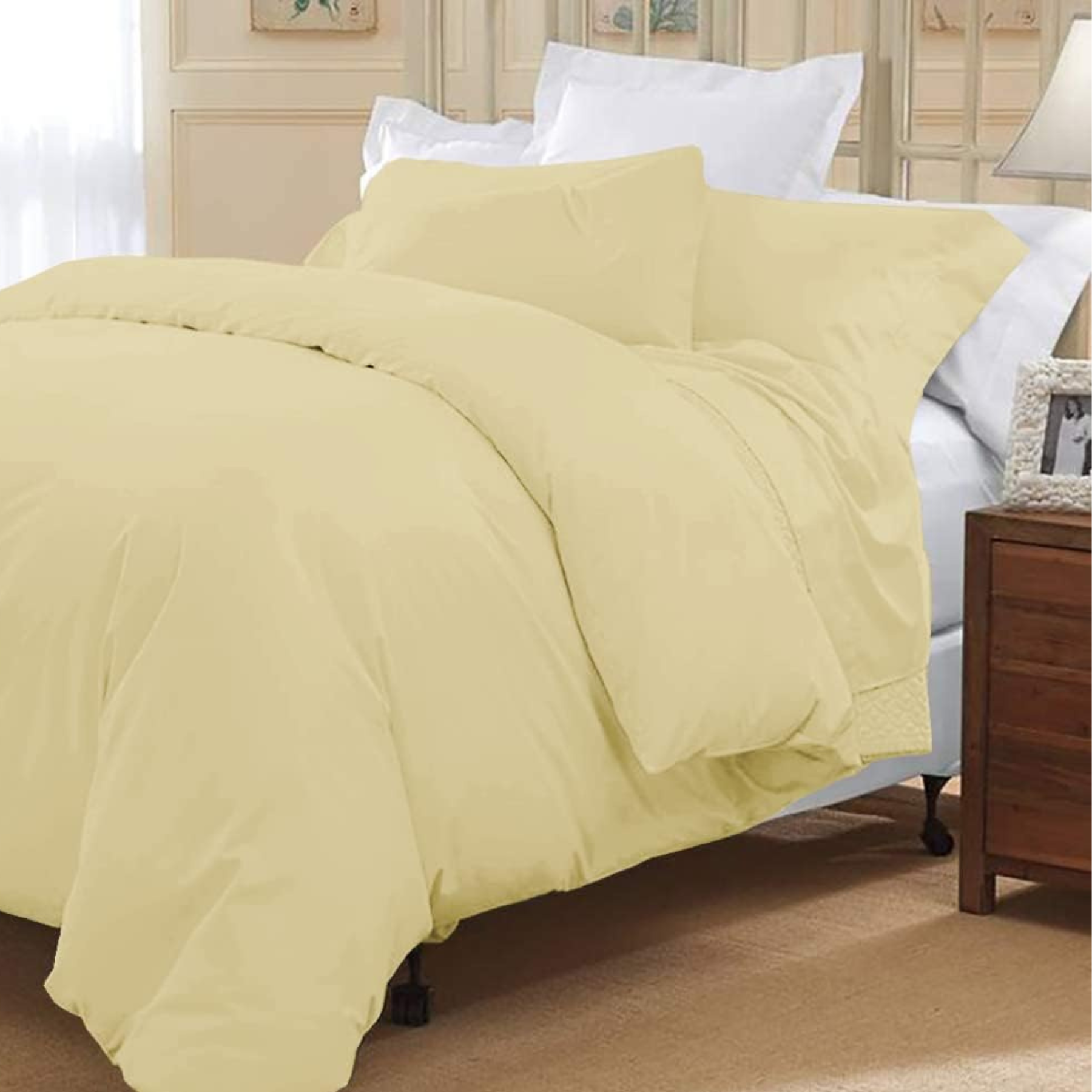 Double Duvet Cover - Premium King-Size Duvet Cover Set – Navy Percale, 3-Piece - Duvet with 2 Matching Pillowcases - Baby Yellow - 4A's Global