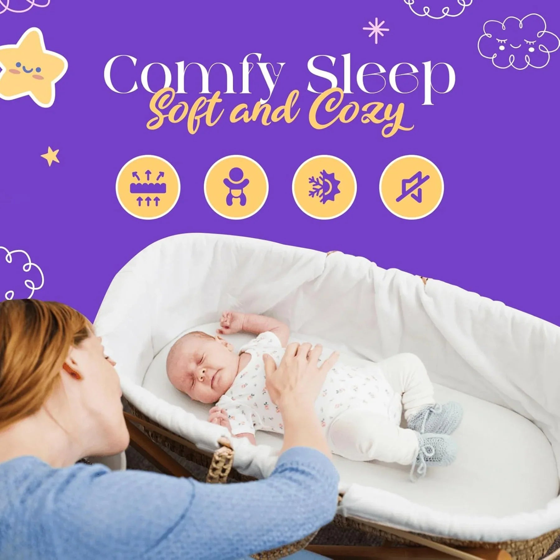Baby Mattress Protector for Moses Basket, Cradle, Bassinet, Crib &amp; Pram Basket – Soft, Breathable &amp; Gentle Cover Hexagonal Design (75x37+15cm) - 4A's Global