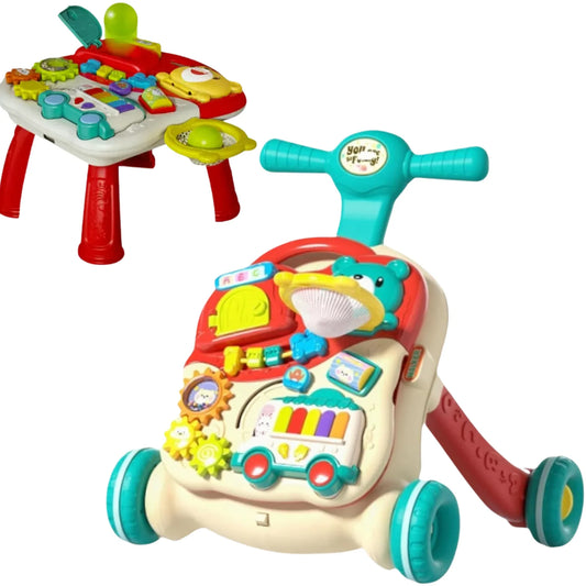 2-in-1 Baby Walker & Activity Table Baby Walker &amp; Activity Center – Musical Push Toy with Basketball Hoop, Piano Keys &amp; Building Blocks (12–36 Months) - 4A's Global