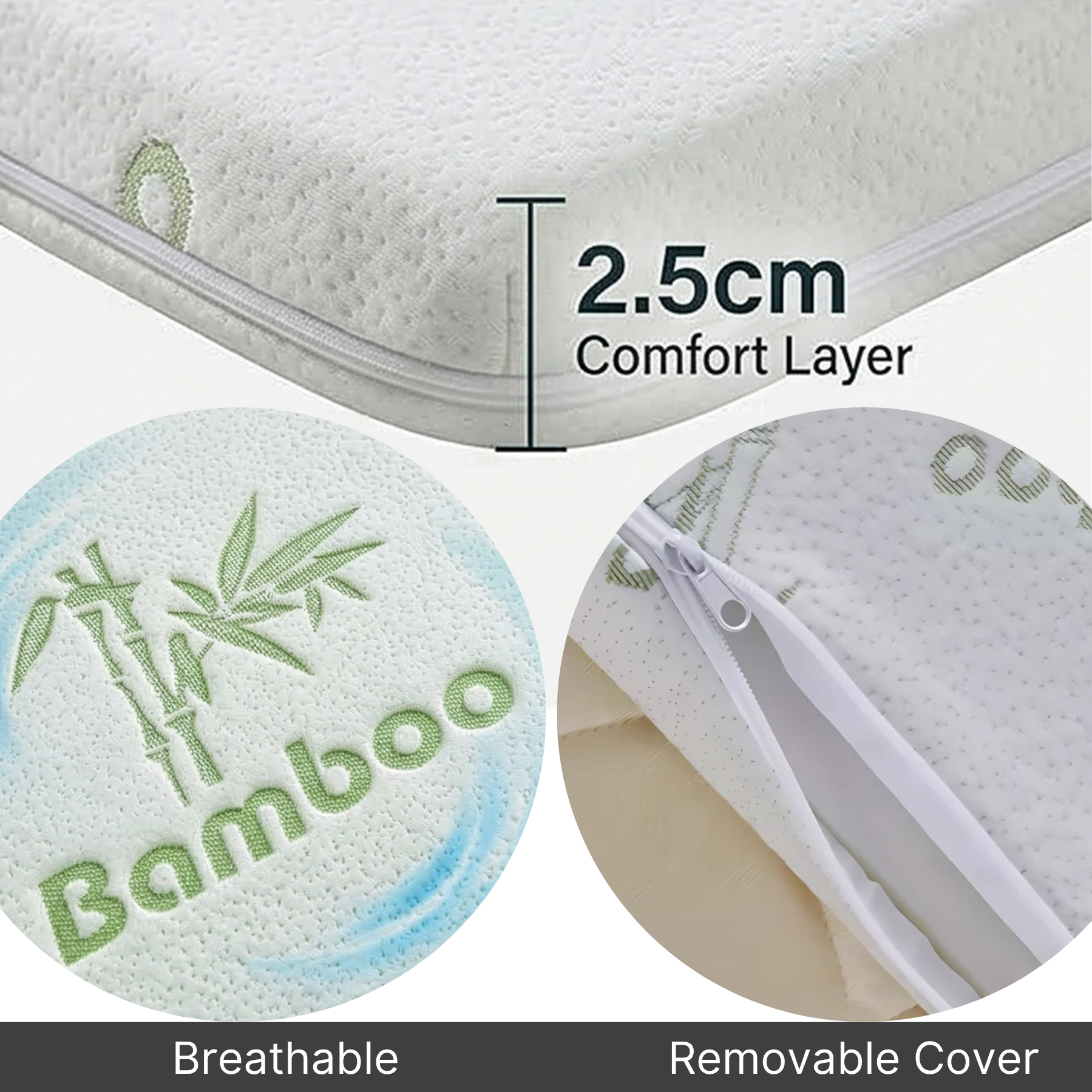 Bamboo Gel Memory Foam Mattress Topper | Cooling 2.5cm Breathable Orthopedic Topper | Back Pain Relief & Hypoallergenic Bed Topper (UK Sizes) - 4A's Global