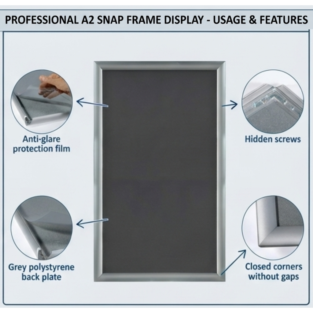 A2 Snap Frame Poster Holder Wall Display Silver Aluminium for Retail and Office - SGM - 4A's Global
