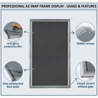 A2 Snap Frame Poster Holder Wall Display Silver Aluminium for Retail and Office - SGM - 4A's Global