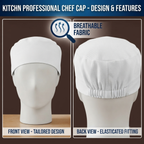 Chef Skull Cap Breathable Polycotton Kitchen Headwear White Pack of 1 2 3 or 4 - High Living - 4A's Global