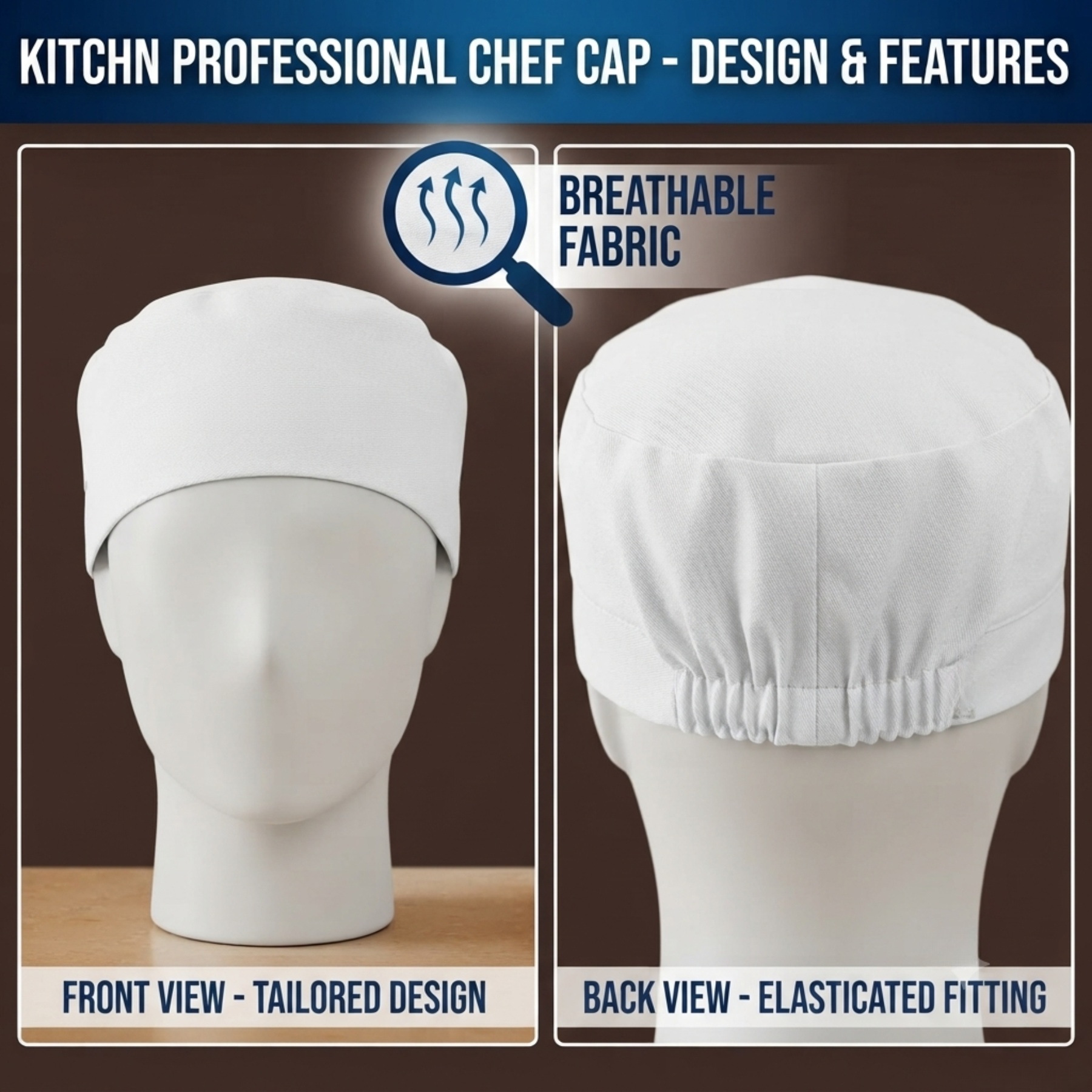 Chef Skull Cap Breathable Polycotton Kitchen Headwear White Pack of 1 2 3 or 4 - High Living - 4A's Global