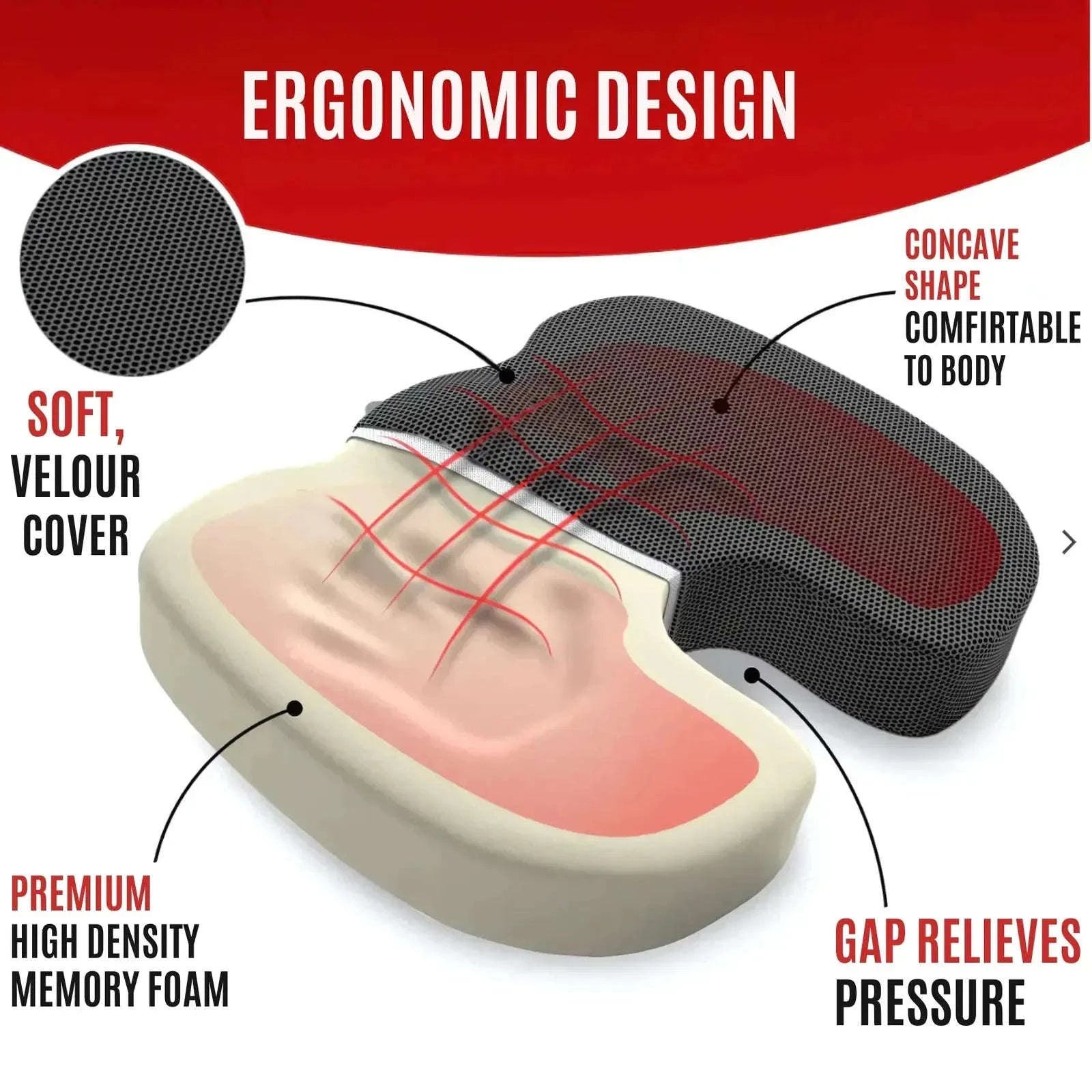 Hip & Tailbone Memory Foam Seat Cushion – 45x35 cm Ergonomic 4A's Global