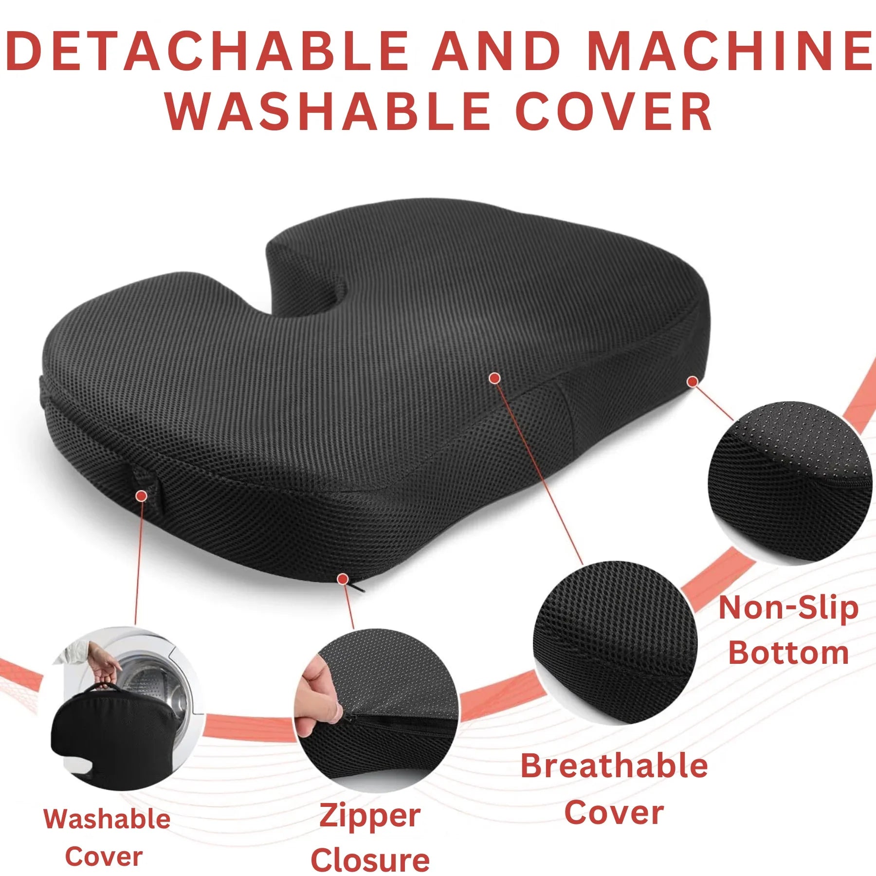 Memory Foam Seat Cushion – Ergonomic Cooling Comfort for Office, Car &amp; Home | 45x35cm | Black - 4A's Global