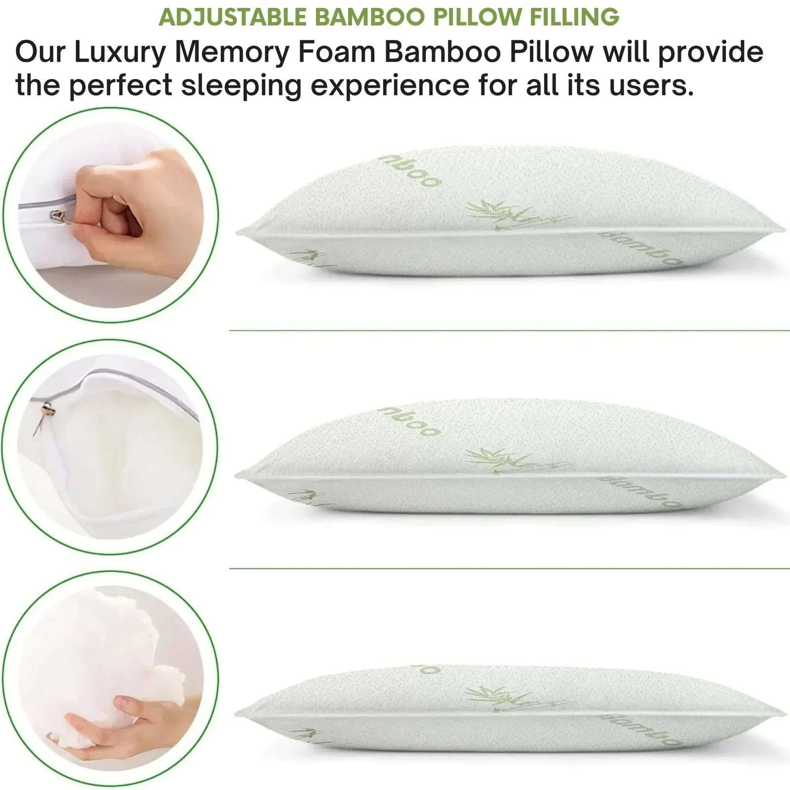 Crushed Memory Foam Bamboo Pillow – Cooling, Adjustable &amp; Hypoallergenic | 39 x 64 x 16 cm / 15.3 x 25.2 x 6.3 in - 4A's Global