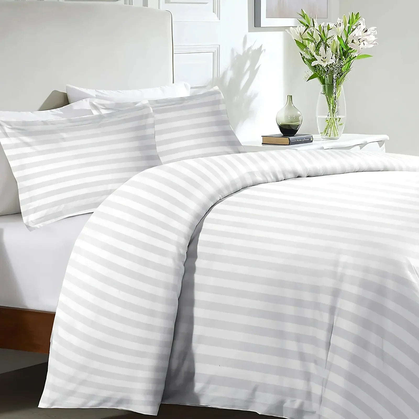 Luxury Microfiber Satin Stripes Duvet Cover Set with Pillowcases – 5 Star Hotel Quality Bedding - 4A's Global