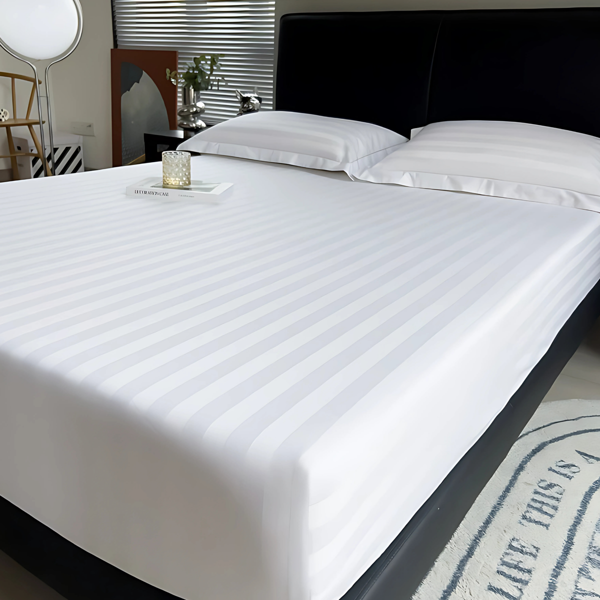 Luxury Fitted Sheet Satin Stripe 100% Egyptian Cotton Hotel Quality 300 Thread Count White