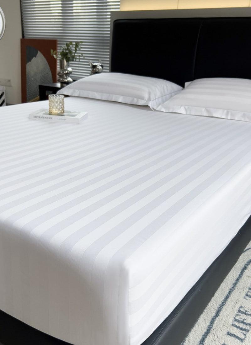 Fitted Sheet 300 Thread Count White Satin Stripe 100% Egyptian Cotton Hotel Quality - 4A's Global