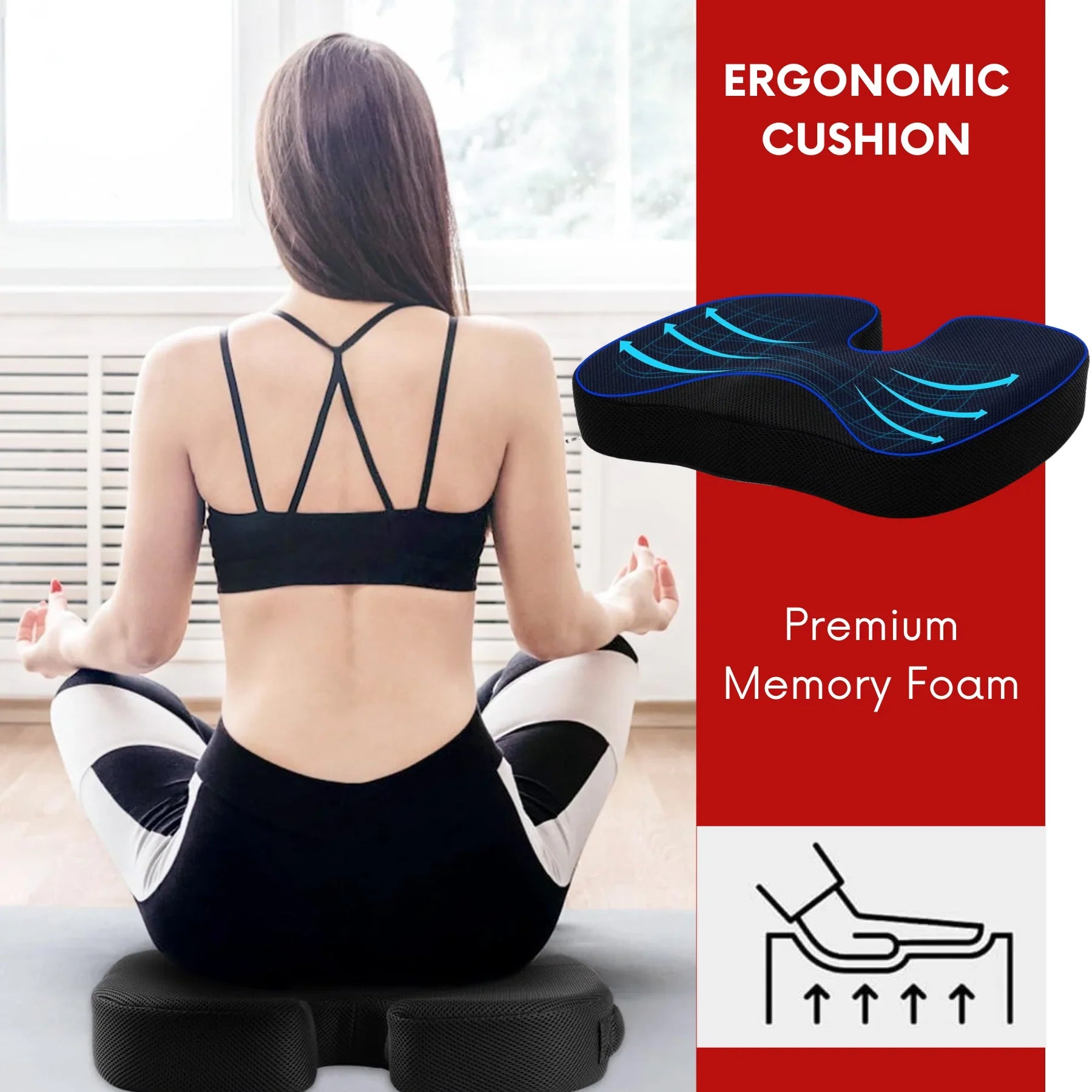 Memory Foam Seat Cushion – Ergonomic Cooling Comfort for Office, Car &amp; Home | 45x35cm | Black - 4A's Global