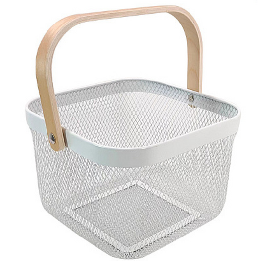 Metal Fruit Basket with Wooden Handle – Steel Mesh Food Storage & Kitchen Organiser Square Basket - 4A's Global