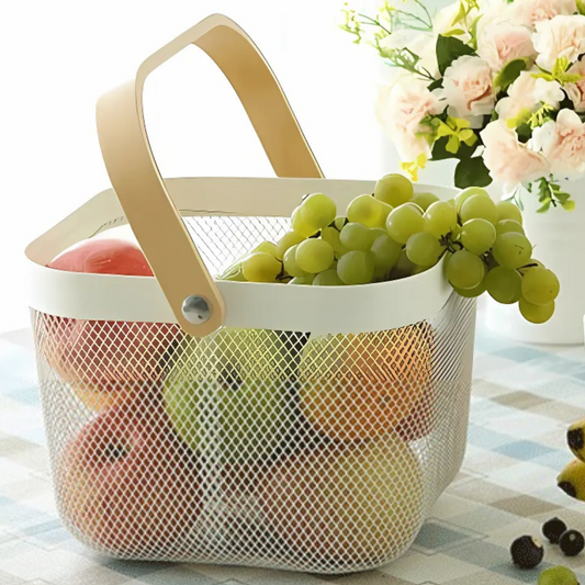 Metal Fruit Basket with Wooden Handle – Steel Mesh Food Storage & Kitchen Organiser Square Basket - 4A's Global