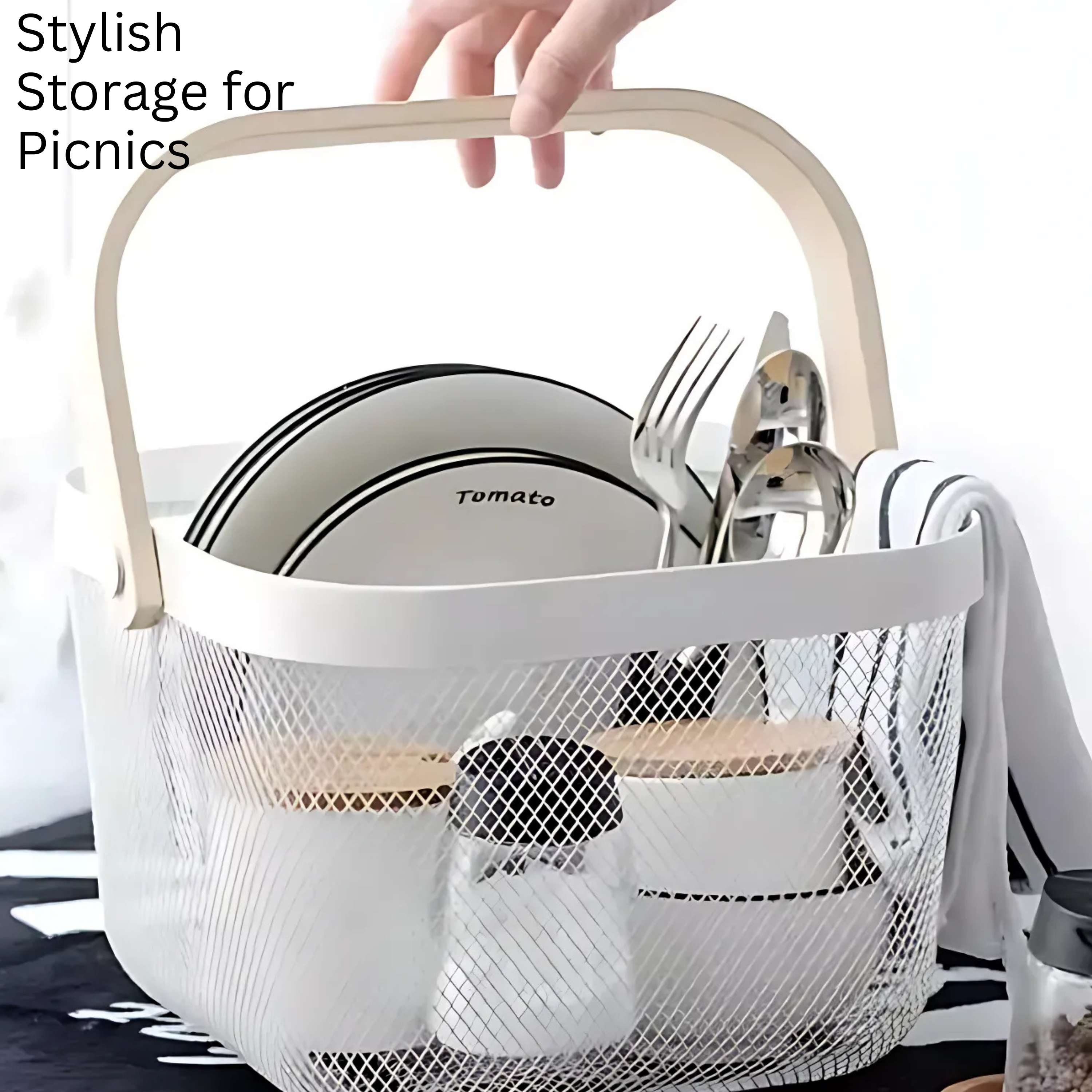 Metal Fruit Basket with Wooden Handle – Steel Mesh Food Storage & Kitchen Organiser Square Basket - 4A's Global