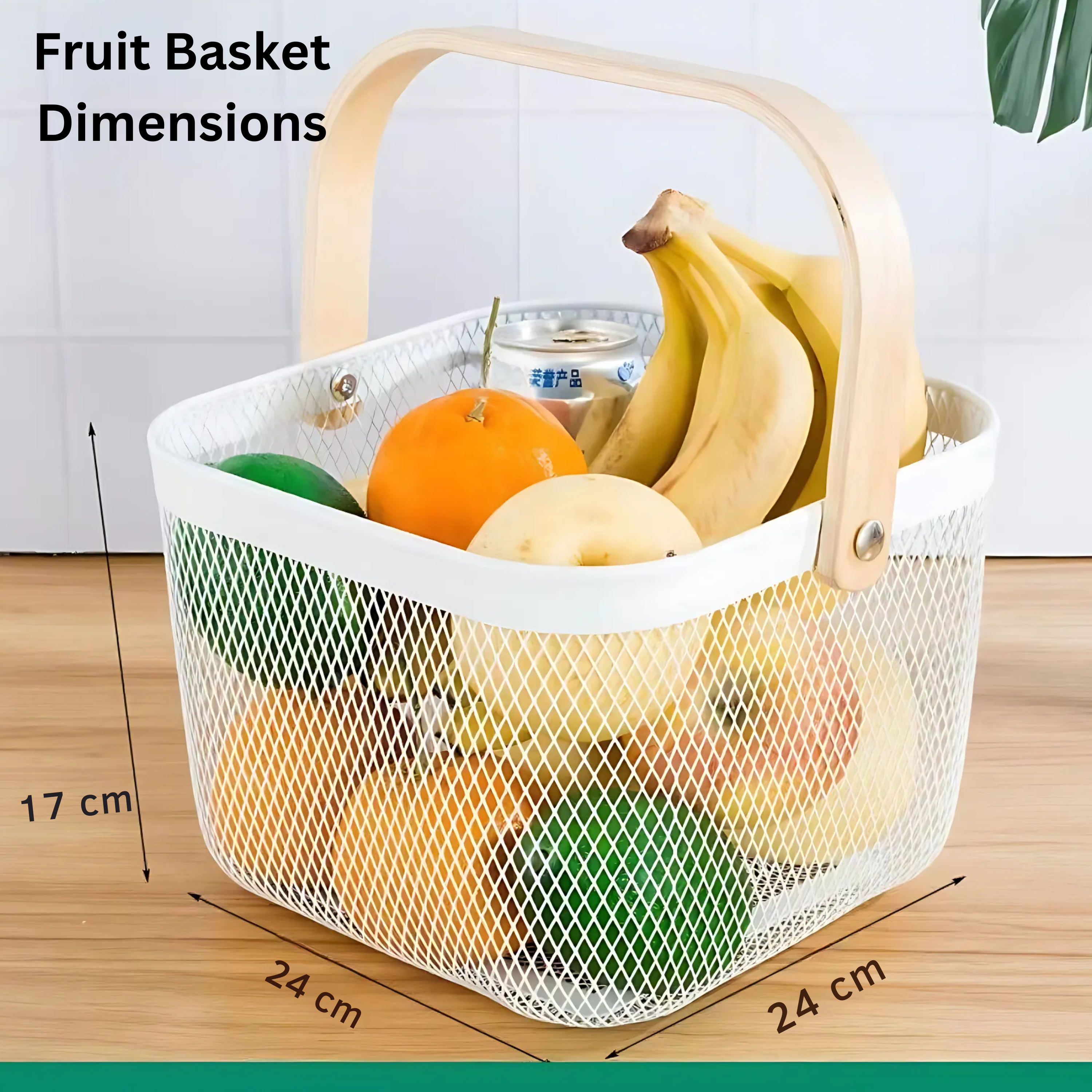 Metal Fruit Basket with Wooden Handle – Steel Mesh Food Storage & Kitchen Organiser Square Basket - 4A's Global
