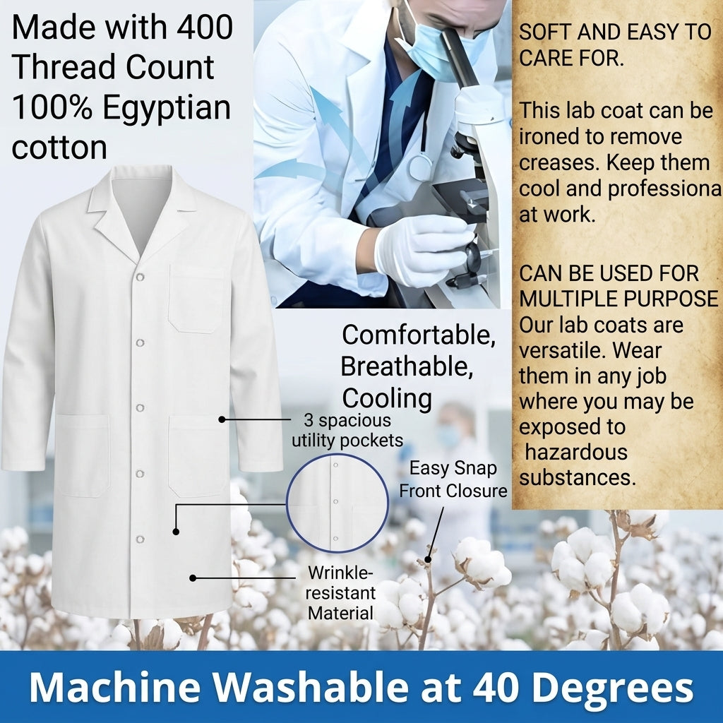 White Lab Coat Unisex Polycotton Professional Workwear Salon Coat, XXS to 5XL - 4AS - 4A's Global