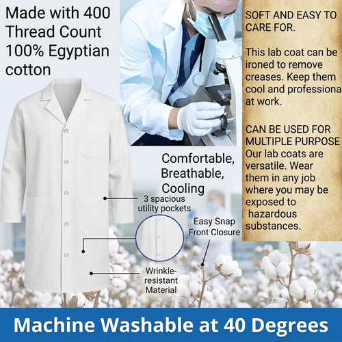 White Lab Coat Unisex Polycotton Professional Workwear Salon Coat, XXS to 5XL - 4AS - 4A's Global