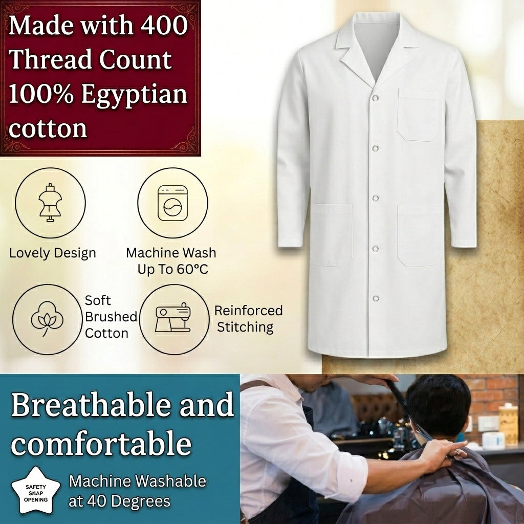 White Lab Coat Unisex Polycotton Professional Workwear Salon Coat, XXS to 5XL - 4AS - 4A's Global