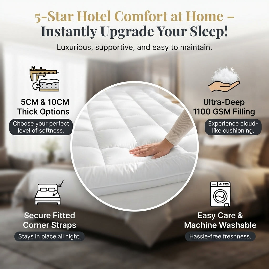 Mattress Topper 10cm Extra Thick 1100GSM Cloud Soft Breathable Hypoallergenic - Cozy Living - 4A's Global