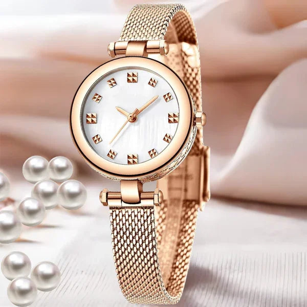 Elegant Ladies Luxury Wrist Watch – Rose Gold Stainless Steel Mesh Strap | Waterproof - 4A's Global
