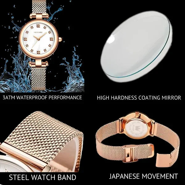Elegant Ladies Luxury Wrist Watch – Rose Gold Stainless Steel Mesh Strap | Waterproof - 4A's Global