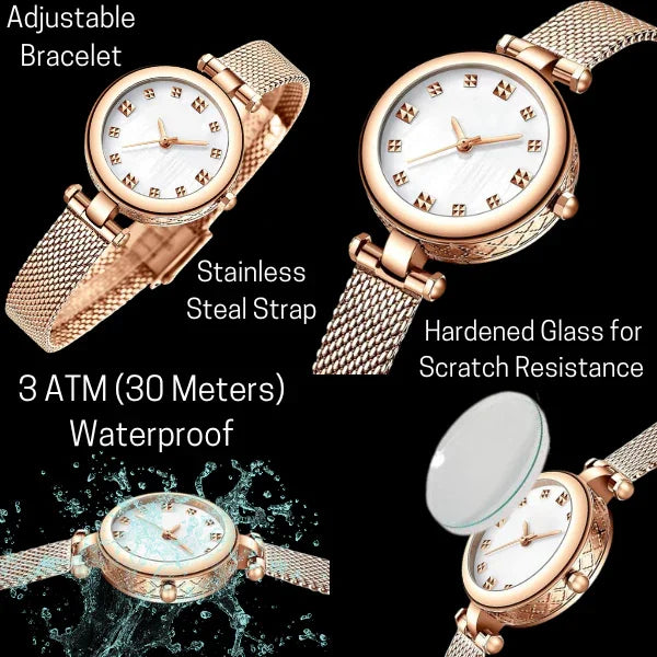 Elegant Ladies Luxury Wrist Watch – Rose Gold Stainless Steel Mesh Strap | Waterproof - 4A's Global