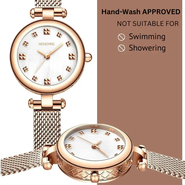 Elegant Ladies Luxury Wrist Watch – Rose Gold Stainless Steel Mesh Strap | Waterproof - 4A's Global