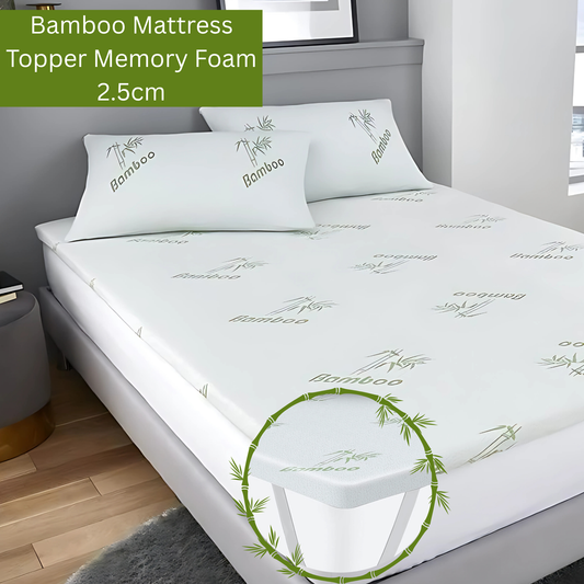 Bamboo Memory Foam Mattress Topper – 2.5cm Cooling Comfort Layer | Breathable, Lightweight &amp; Eco-Friendly Sleep Upgrade | UK Sizes