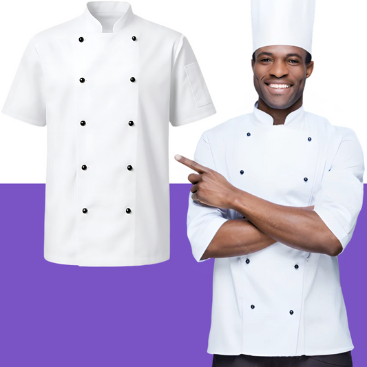 Professional Chef Jacket &amp; Trousers Set – Short Sleeve, Mesh Back, Pockets | Catering Uniform