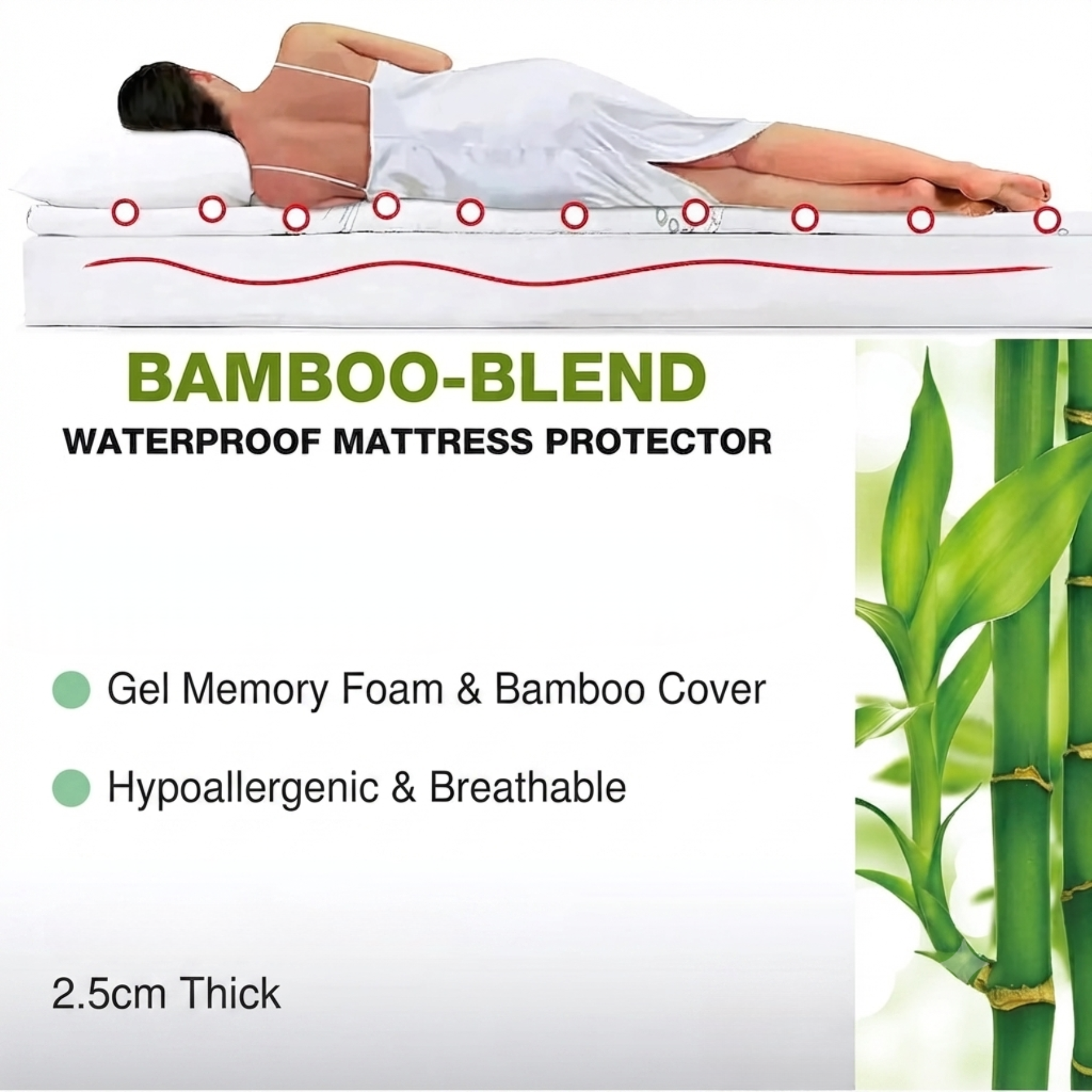 Bamboo Mattress Topper 2.5cm Gel Memory Foam Cooling Anti-Slip, All UK Sizes - Heaven High - 4A's Global