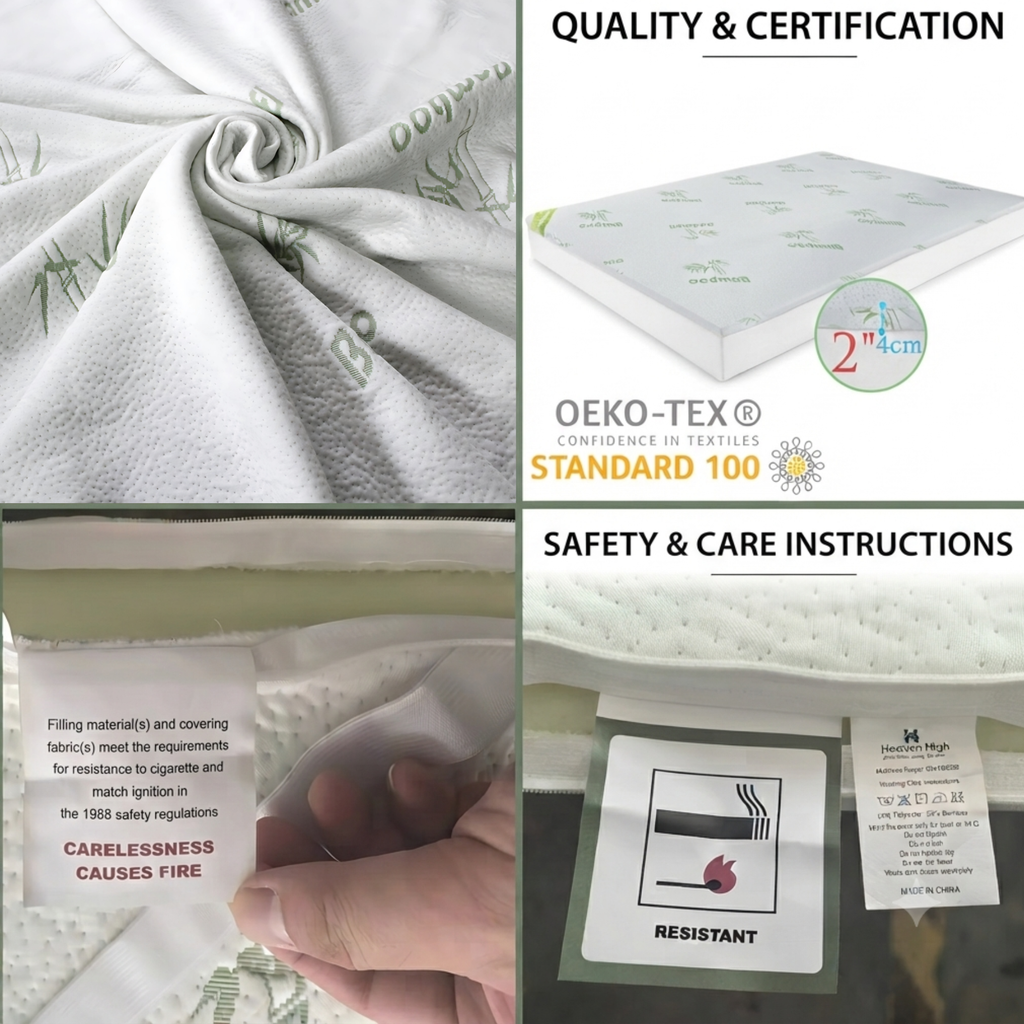 Bamboo Mattress Topper 2.5cm Gel Memory Foam Cooling Anti-Slip, All UK Sizes - Heaven High - 4A's Global