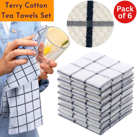 Terry Cotton Tea Towels Set | Super Absorbent Dish Cloths | Kitchen Cleaning & Drying Towels  75 x 52 cm - Pack of 6