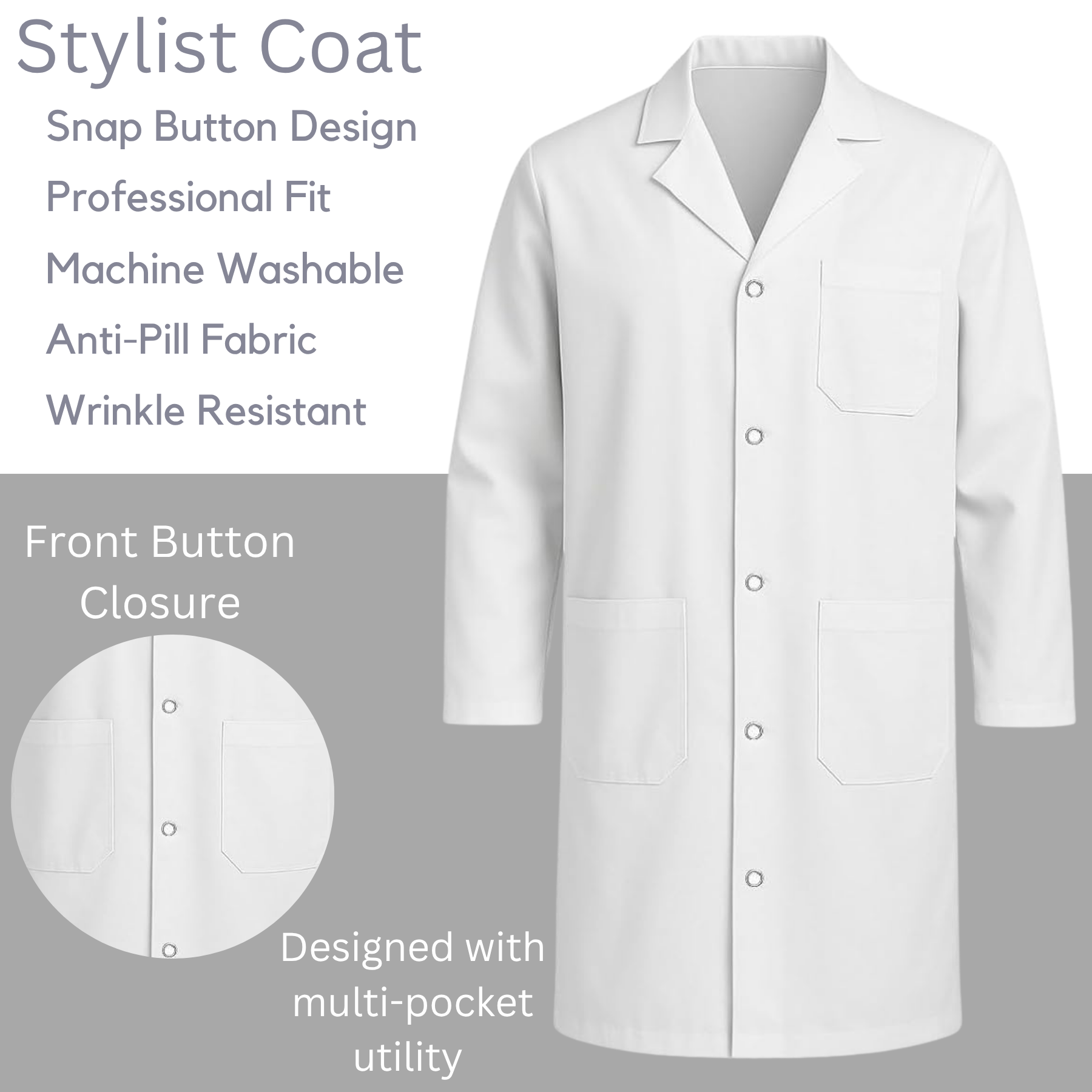 White Lab Coat Unisex Polycotton Professional Workwear Salon Coat, XXS to 5XL - 4AS - 4A's Global