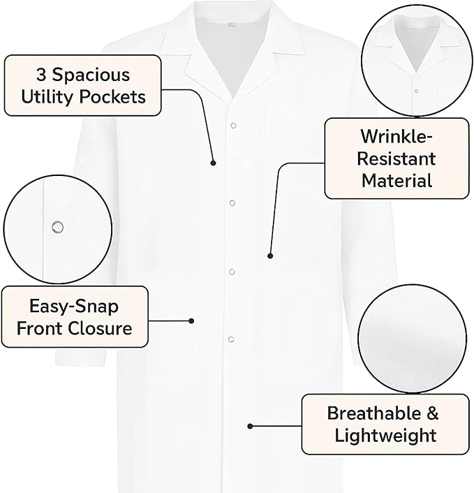 White Lab Coat Unisex Polycotton Professional Workwear Salon Coat, XXS to 5XL - 4AS - 4A's Global
