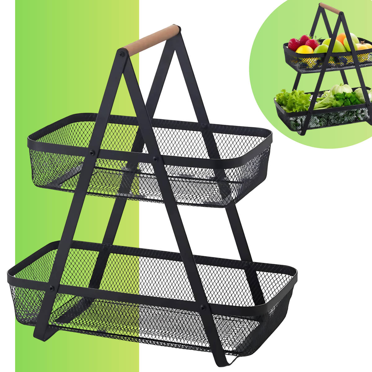 2-Tier Countertop Fruit , Bread &  Vegetable Storage Basket – Black Wire Mesh - 4A's Global