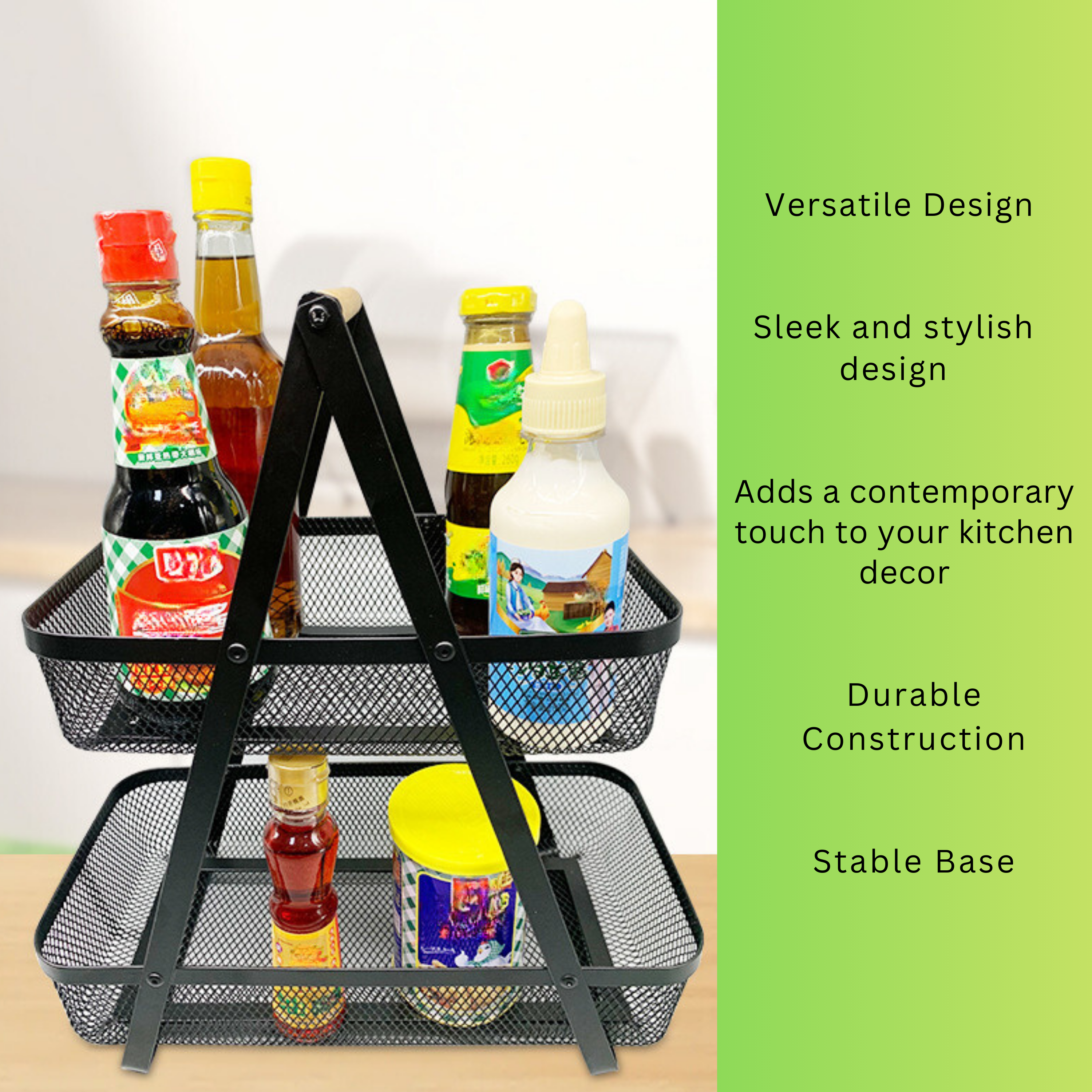 2-Tier Countertop Fruit , Bread &  Vegetable Storage Basket – Black Wire Mesh - 4A's Global